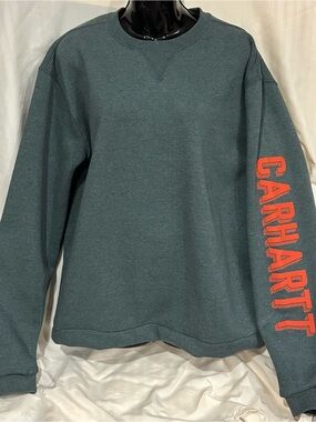 Carhartt Women's Crewneck Sweatshirt in Teal with Orange Sleeve Logo